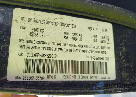 2006 Chrysler 300M из США, поврежденный, VIN 2C3LA63H06H52031